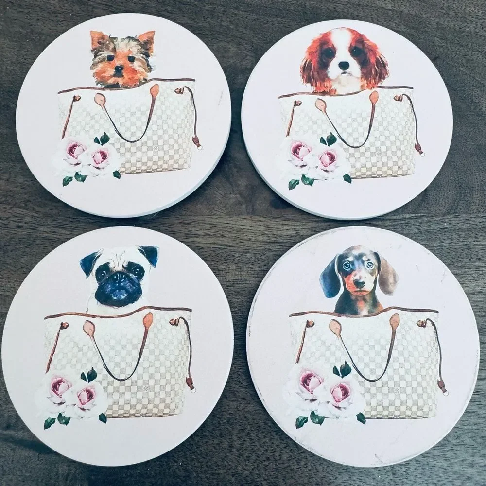 Fashion Purse Dogs Pink Absorbent Stone Drink Coasters Set